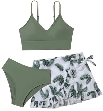 Beichwtd 3 Teilige Mädchen Bikini Set, Teenager Mädchen Badeanzüg, Bikini Top Shorts Slips Badeanzuge, Kinder Badebekleidung mit Blumenmuster Schwimmanzug für 8-18 Jahre