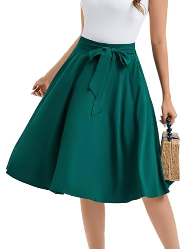 Bbonlinedress Dam vintage sommar vardaglig A-linje midikjol elastisk bred midja utsvängd kjol med bälte, Mörkgrön, XXL