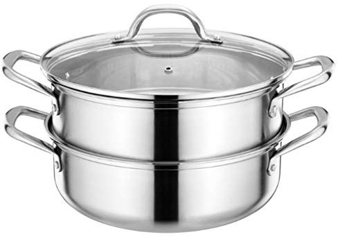 Doppelschichtiger Dampfgarer aus Edelstahl, Suppen- und Dampfgarer, Hohlgriff mit Glasdeckel, Induktionsgeeignet