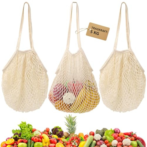 3 stycken shoppingväska nätåteranvändbara, bomull inköpsnätväska, beige nätväska sandleksak, inköpsnät för frukt och grönsaker med långt handtag, för shopping, strand, leksaker, frukt