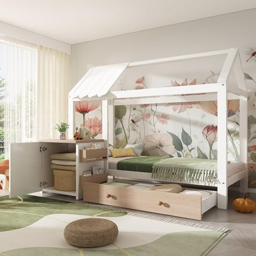 Kinderbett Hausbett 90x200, Holzbett mit Schublade & abnehmbarem Nachttisch, Bett mit Lattenrost & Stauraum, Jugendbett Funktionsbett Bettgestell Baumhausbett, Massivholz, Ohne Matratze, Weiß-Eiche