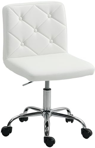 HOMCOM Sedia da Ufficio Altezza Regolabile Pelle PU 44x50x78-88 cm Bianco | Rivestimento a Bottoni, Ruote Girevoli, Sedia per Scrivania, Schiuma e Acciaio
