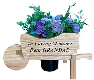 Memorial Grandad Wooden Wheelbarrow With Black Pot And Flowers Funeral Graveside Ornament