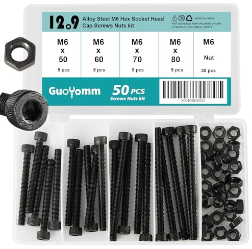 GuoYomm 50 Stück M6 Schrauben Set, Zylinderschrauben mit Innensechskant Schrauben Set, Schwarz Maschinenschrauben Muttern Set, 12,9 Grad Kohlenstoffstahl, Längen: 50mm 60mm 70mm 80mm
