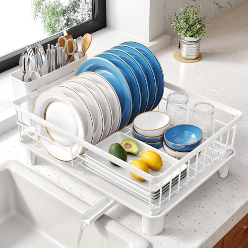 SNTD Dish Drying Rack - Small Dish Rack for Kitchen Counter, Stainless Steel Dish Drainer with Utensil Holder and Drainboard, 11 W x 15 L (White)