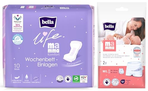 bella life Mamma Komfort Wochenbett-Einlagen 30 Stück + 6 Slips M/L | dermatologisch getestet | von Hebammen empfohlen | parfümfrei & atmungsaktiv | Wochenbett-Binden & Wöchnerinnen-Slips
