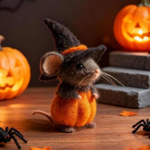 Ratón de fieltro de lana de Halloween, adorable ratón de calabaza de Halloween con sombrero de bruja, figura de ratón de fieltro de lana hecha a mano, bonito adorno de ratón de fieltro de aguja