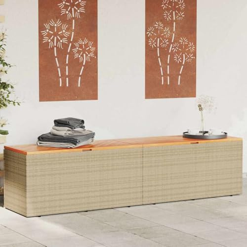 Frdhee Aufbewahrungsboxen Paketbox, Gartentruhe Beige 220x50x54 cm Poly Rattan Akazienholz, Ideal für Balkon und Kleine Flächen