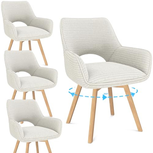 WAFTING Esszimmerstühle 4er Set Drehbar 360°,Armlehnstuhl,Küchenstuhl,Beige | Holzbeine,Buche,Cord Stoff,Küchenstuhl,Wohnzimmerstuhl,Polsterstuhl mit Samt,Restaurant,Schlafzimmer,Esszimmer,Konferenzraum