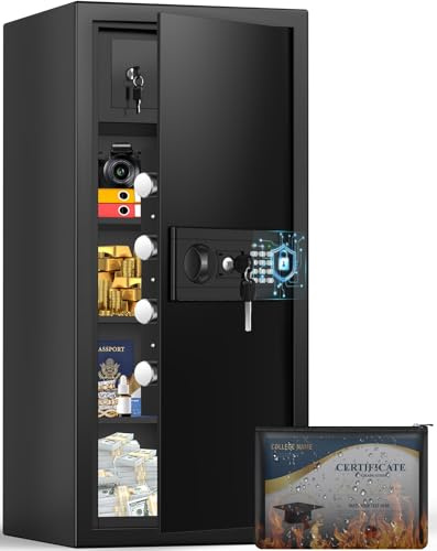 Coffre-fort extra large de 95 l avec porte-documents ignifuge, coffre-fort de sécurité pour la maison avec casier intégré, code numérique et clé, coffre-fort mural pour objets de valeur et argent