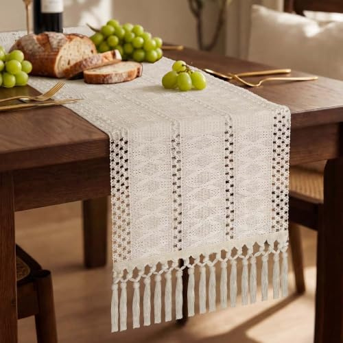 AOOTE Tischläufer,30x140cm Boho Landhausstil Quasten Tischläufer,Rechteckige Häkelspitze Mesh Tischdecke, Makramee Tischläufer für Hochzeit Party,Valentinstag Deko(Elfenbeinweiß)