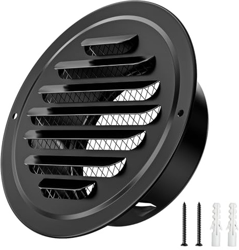 Hon&Guan 100mm Edelstahl Rund Lüftungsgitter mit Insektenschutz Fliegengitter, Entlüftungsabdeckung Verdickt Wand Lamellengitter Abluftgitter, Wetterschutzgitter für Küche, Bad, Dunstabzug, Schwarz
