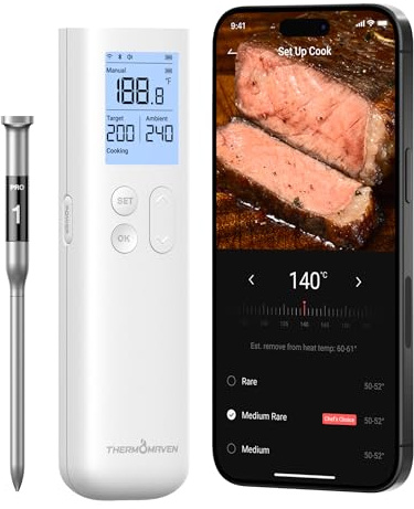 ThermoMaven Smart Bluetooth Fleischthermometer kabellos, Sub-1G Signalstabilität, Display-Basis, zertifizierte Genauigkeit ±0,3 °C, WLAN-Reichweite für BBQ, Ofen, Räucherofen, Grill, Weiß