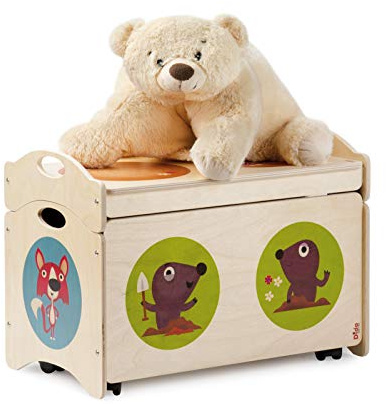 Dida - i Pancotti, Panca Portagiochi Multifunzione in Legno con Ruote e Coperchio, Decorata con Motivi di Volpi, Talpe e Puzzole, Contenitore Spazioso e Versatile per la Camera dei Bambini