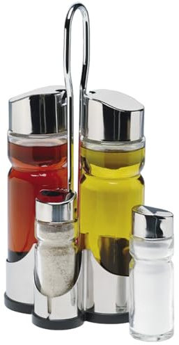 LS Kitchen - Set de Vinagrera y Aceitera - Aceitera Antigoteo - Botella de Cristal a Prueba de Fugas - Set De Aceite Y Vinagre, Set De Sal Y Pimienta - Vinagrera - Acero Inoxidable - 4 Piezas