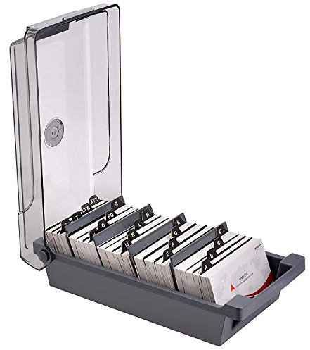 Hamosky Visitenkarten-Box für 500 Karten, Bussiness-Card-Box mit Trennfächern | Alternative zu Visitenkartenmappe, Visitenkartenhalter, Karteikasten, Visitenkarten-Etui und Rotationskartei,Grau