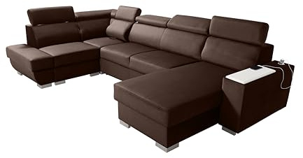 Robin Inspire Cezar Ecksofa Schlaffunktion Bettkasten Verstellbare Kopfstützen Sofa L-Form Schlafsofa Freistehende Eckcouch Schlafcouch Wohnzimmermöbel inkl. Laptoptisch Steckdose Braun