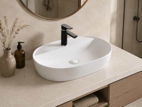 Art-of-Baan Premium Waschbecken oval - Hochglanz Aufsatzwaschbecken - Keramik-Becken für Waschtisch - Waschschale weiß - 610 x 400 x 120 mm