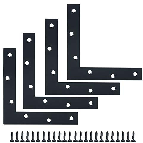 Alise Flat L Brackets for Wood,Black Flat Corner Brace Corner Brackets for Wood Frame Tables Chairs Sofas Beds Cabinets Doors and Windows,6x6 Inch Stainless Steel Mending Plates,Pack of 4