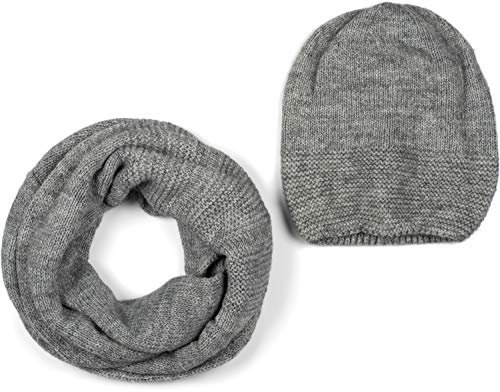 styleBREAKER Unisex Strick Loop Schal und Mütze Set, Einfarbiger Strickschal mit Beanie Strickmütze, Winter 01018214, Farbe:Grau