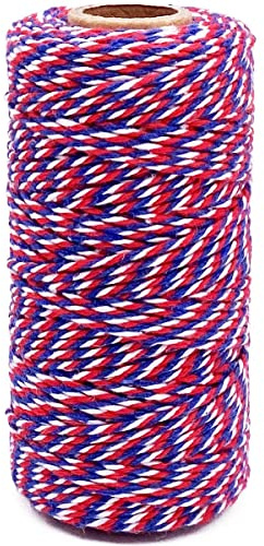 Cuerda de algodón rojo azul y blanco para panadero de 2 mm de grosor, 328 pies de cuerda de Navidad para envolver regalos, manualidades, decoración del hogar, fiesta, jardinería