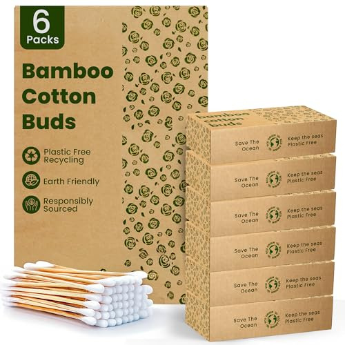 Eco Origin 600 öronknoppar i bambu bomull | 100 % miljövänliga Q-spetsar | 6 x 100 öronsnäckor i bomull