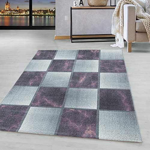 HomebyHome Teppich Wohnzimmer 140x200 cm Lila Kariert Marmor Design - Schlafzimmer Teppich Kurzflor Extra Weich Pflegeleicht Teppiche Waschbar für Küche Esszimmer