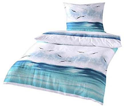 Traumschlaf Seersucker Sommerbettwäsche aus Baumwolle - luftig leicht, bügelfrei im maritimen Ozean Design - 240x220 cm + 2X 80x80 cm