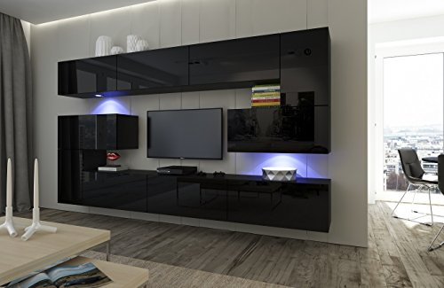 Furnitech Wohnwand Wohnzimmer - Wohnzimmer Möbel mit LED Blau - Hängend Wohnwand Modern Schrankwand mit Regale und TV Schrank (Albania AN3-17B-HG20 1A)