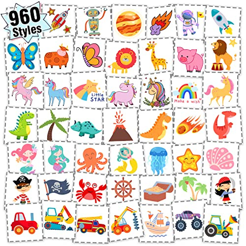 Partywind 960 PCS Individually Wrapped Tattoos for Kids Bulk, Cute Temporary Tattoo Stickers for Birthday Party Supplies Favors, Fake Tattoos for Kids Christmas Games (20 Sheets)