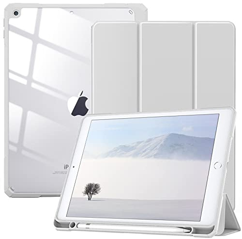 TiMOVO Funda Compatible con Nuevo iPad 9ª Generación 2021/iPad de 8ª Gen 2020 10.2'' con Portalápiz, Carcasa Trasera Transparente con Auto Sueño/Estela para iPad 7ª Gen 10.2 2019, Gris Claro