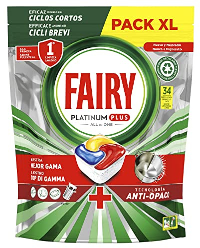 Fairy, Platinum Plus Todo en Uno Pastillas Lavavajillas, 34 cápsulas Lavavajillas, Limpieza Profunda y Extra Brillo, Fragancia limón
