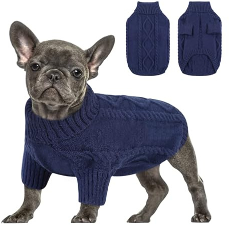 Queenmore Pull Chien Petite Taille Bouledogue Français Chaud Pull-Overs pour Chiens Pull Chihuahua Manteau Teckel Vetement pour Chien Chat d'hiver, Bleu foncé, S