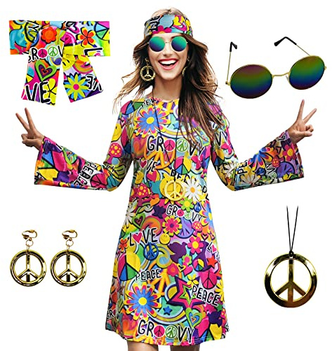 MRYUWB Damen-Hippie-Kleid, 1970er-Kostüm, mit Halskette, Ohrringen, Sonnenbrille, Disco-Outfit, 1960er-Party-Kostüm, Halloween Retro-Kleid
