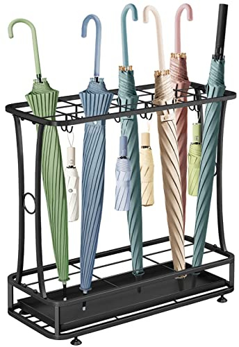 YOCOMEY Metal Umbrella Holder Stand with Removable Drip Tray, Industrial Free Standing Umbrella Rack Organizer for Entryway Home Office Patio Decor(21 Slots 24 Hooks, Black)