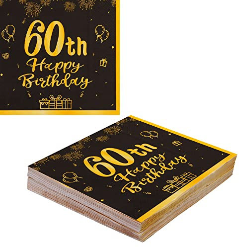 VReder Lot de 40 serviettes en papier jetables noires et dorées pour 60e anniversaire - Décoration de table pour homme et femme - Fournitures de fête d'anniversaire (60e anniversaire)