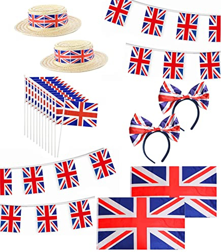Union Jack Party Set - 20 Piece Set - Union Jack Flags, Union Jack Bunting, Union Jack Hand Waving Flags, Union Jack Bow Headbands, Union Jack Boaters, Royal Street Party Supplies VE DAY COMMONWEALTH