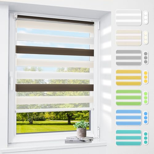 Doppelrollo klemmfix ohne Bohren & mit Bohren, 80x120cm (BxH) Weiß Creme Braun, 3-in-1 Duo Rollo für Fenster & Tür, Fensterrollo innen lichtdurchlässig & verdunkelnd, Klemmrollo Rollos Sonnenschutz