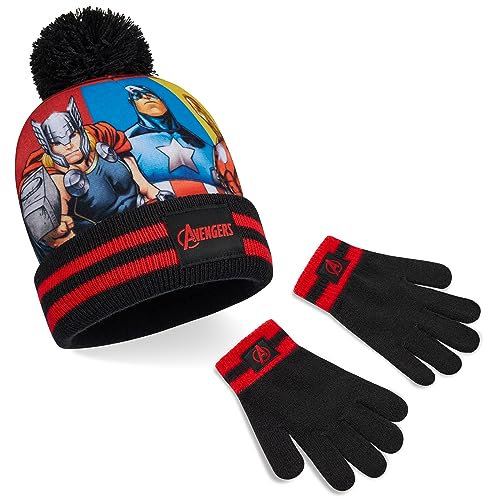 Marvel Mütze Jungen Winter Set, warm und bequem - Geschenke für Jungs(Schwarze Avengers 2 Stück)