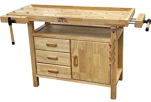 LUMBER JACK WB1200DC3 Woodworking Bench, Heavy-Duty Workbench with Front & Tail Vice (7 Capacity), Soft-Close Drawers, On-Board Storage & Bench Dog Clamping System, FSC Certified