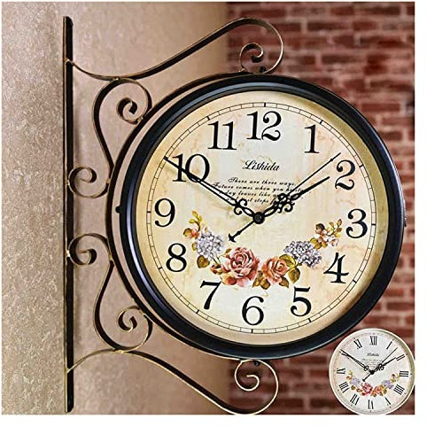 LUOYAOB Retro Bahnhofsuhr Doppelseitiger Bahnhofsuhr, Gartenwanduhr im Freien, Vintage hängende doppelseitige Uhr for Terrasse Veranda Garten im Freien Dekorative doppelseitige Hängsuhr (Color : F)