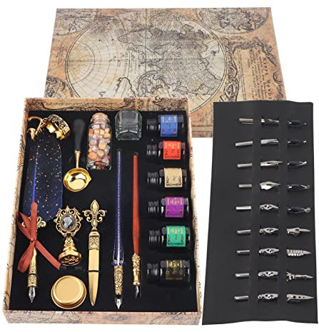 ANKROYU Federstift-Set, britischer Retro-Lackstempel im europäischen Stil mit Wachssiegelstäbchen-Set, in Wasser getauchtes Federkiel-Set mit Tinte (SP271902R mit Gold- und Saphirblau-Sprenkeln)