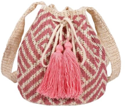 Ichlovdu Mini Quasten-Deko Kordelzug-Design Stroh Tasche Urlaub Bohemian Geflochtene Beuteltasche Strandtasche Schultertasche