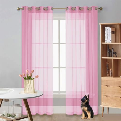LIUNADM Gardine Halbtransparent mit Ösen 270 x 210 cm Größe Und Farbe Wählbar Querbehang Gardine Durchsichtig Tüllstoff für Wohnzimmer Landhaus Kleine Fenster, Rosa