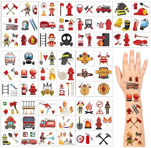 Feuerwehr Tattoo Kinder, 10 Blätter Kindertattoos Hautfreundlich, Temporäre Tattoos Sticker für Kinder, Feuerwehrmann Cartoon Aufkleber als Kindergeburtstag Geschenke