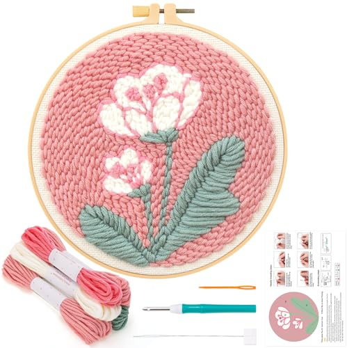 JSRQT Punch Needle Anfänger Handarbeit Set,Stanznadel Stickerei Starter Kit,Stanzer Embroidery Starter Kits Rosa Blumen, Garn, Stickrahmen, Einfädler-Werkzeug für Stanznadel