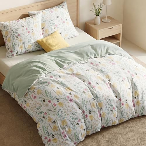 BEDSURE Bettwäsche 220x240 3teilig Mikrofaser - Grün Blumen, 2x80x80 Kissen | Bettwäsche-Sets Wendebettwäsche, Oeko-TEX Bedding mit Reißverschluss, Extra Weich & Atmungsaktiv