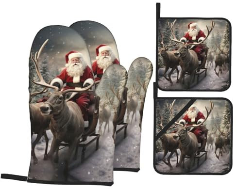 Set di guanti da forno e presine con stampa natalizia di Babbo Natale, resistenti al calore, guanti da cucina per cucinare, cuocere al forno, grigliare