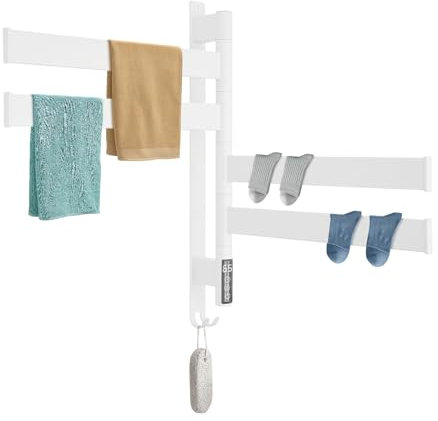 BRRIDE Calefacción de baño, radiador de toalla eléctrico, rotación de 180 grados, toallero de baño con termostato digital y temporizador, 1-8 horas, acero inoxidable 90 W, radiador de toalla (blanco)