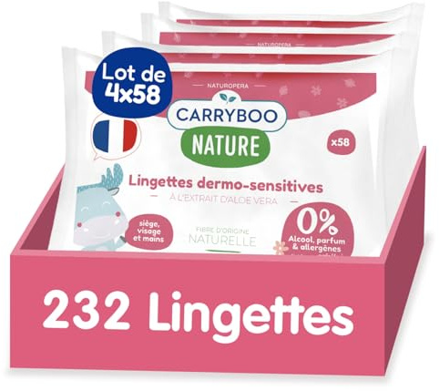 CARRYBOO - Lingettes Dermo-Sensitives - Lingette Bébé Sans Parfum - Nettoyantes Sans Allergènes - Soin Bébé Apaisant pour Peaux Sensibles - 4x58